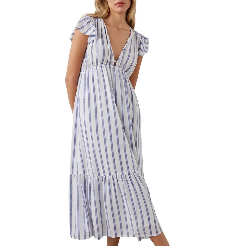 Rails "Tina" Midi Dress "Villa Stripe" Linen Blend Tiered V-Neck XS